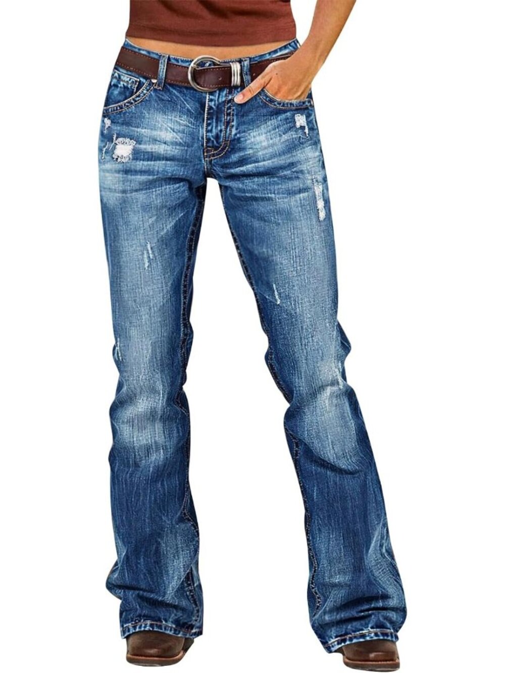 Stylish Mid Rise Ripped Bootcut Jeans for Women | Trendy Casual Denim Fashion